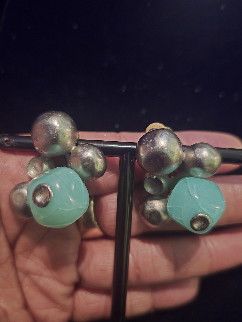 Unique Mid-Century Modernist Clip-On Earrings with Green Lucite Cabochons - Picture 3 of 5